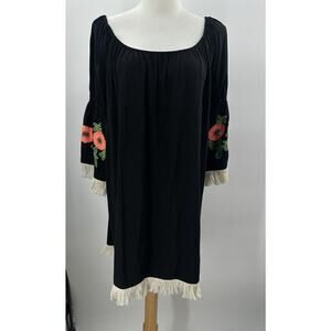 Umgee Off Shoulder Black Boho Floral Embroidered Fringed Dress Large